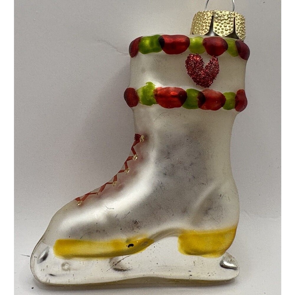 Inge-Glas Germany Glass Ice Skate Boot Ornament Red Heart Garland Vintage 3”